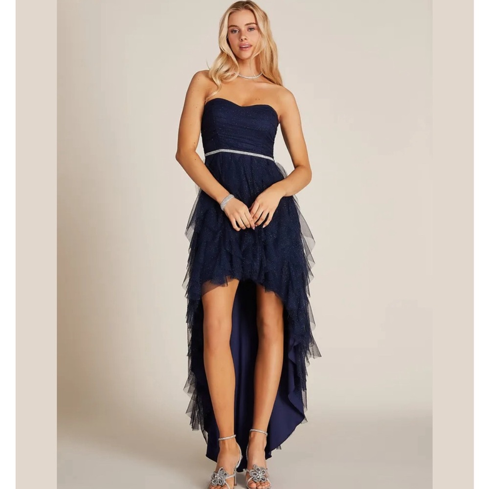 Suzy Shier Navy Strapless High-Low Tulle Dress